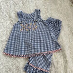 Reversible Blue Gingham Dress Set with Floral Embroidery
